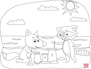 Tilki boyama sayfası, Foxes coloring page, , foxes fox and raccoon on the beach 