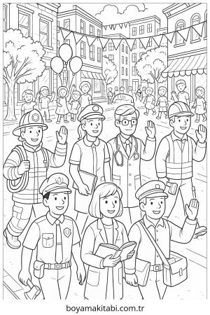 Topluluk Yardımcıları boyama sayfası – basit çizim, kolay boyama