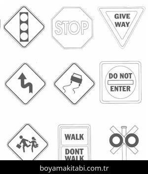 Trafik İşaretleri boyama sayfası – basit çizim, kolay boyama