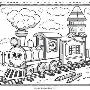 Tren boyama sayfası – çocuklar için, çizgi film temalı
