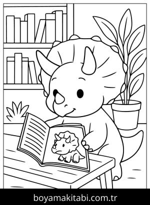 Triceratops Dinazor boyama sayfası,  coloring page, , Cartoon Triceratops Reading Coloring Page