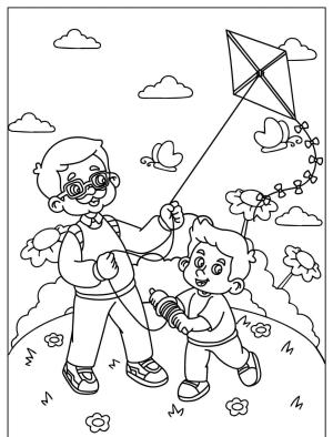 Uçurtma boyama sayfası,  coloring page, , Grandfather And Grandson Fly Kites Together