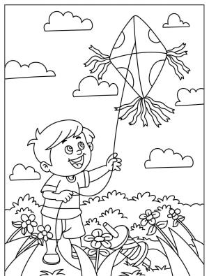 Uçurtma boyama sayfası,  coloring page, , Happy Boy Flying A Kite With Flowers