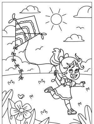 Uçurtma boyama sayfası,  coloring page, , Happy Little Girl Flying A Kite On The Lawn