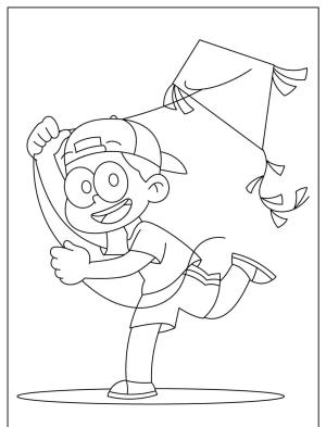 Uçurtma boyama sayfası,  coloring page, , Happy Boy Flying A Kite