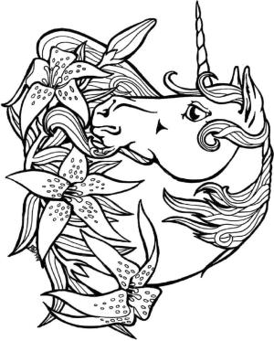 Unicorn boyama sayfası, Unicorn coloring page, Unicorn Baş Ve çiçekler, 