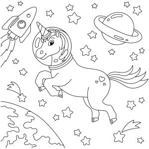 Uzay boyama sayfası,  coloring page, Astronot Tek Boynuzlu At Uzayda Yolculuk, 