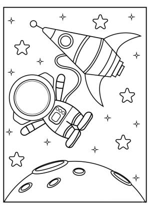 Uzay boyama sayfası,  coloring page, Chibi Astronot ve Uzayda Uzay Gemisi, 