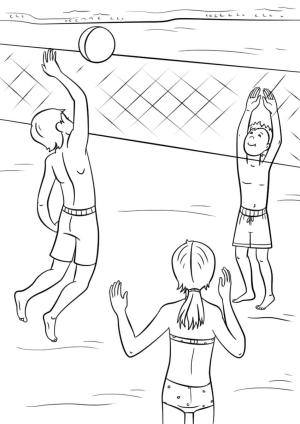 Voleybol boyama sayfası,  coloring page, Kumsalda Voleybol Oynayan Üç Çocuk, 