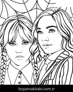 Wednesday Addams boyama sayfası – basit çizim, kolay boyama