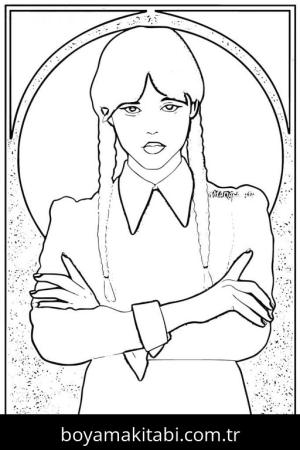 Wednesday Addams boyama sayfası – basit çizim, kolay boyama