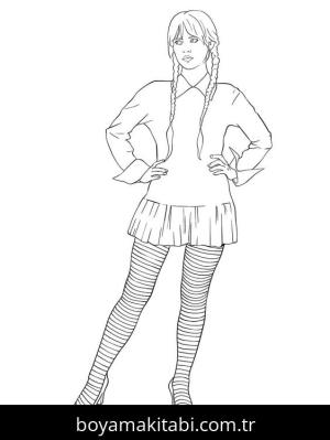 Wednesday Addams boyama sayfası – çizgi film temalı, basit çizim
