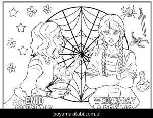 Wednesday Addams boyama sayfası – sevimli karakter, sanatsal çalışma