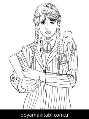 Wednesday Addams boyama sayfası – keyifli zaman, renkli çizimler