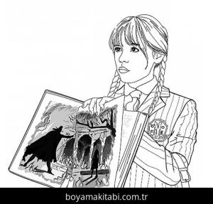 Wednesday Addams boyama sayfası – sanatsal çalışma, çocuklar için