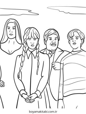 Wednesday boyama sayfası – sevimli karakter, sanatsal çalışma