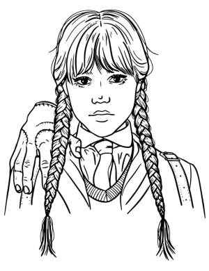 Wednesday boyama sayfası,  coloring page, Wednesday Addams ve Bir El, 