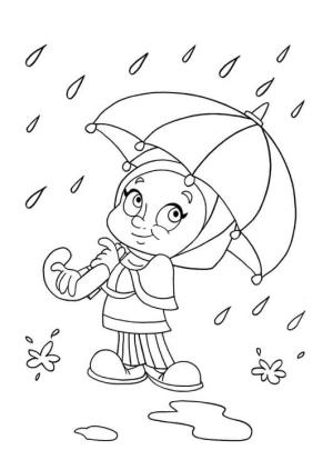 Yağmur boyama sayfası,  coloring page, Yağmurda şemsiye tutan Gülümseyen Küçük Kız, 