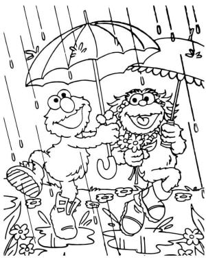 Yağmur boyama sayfası,  coloring page, Elmo ve Arkadaşı Yağmurda Şemsiyeyi Tutuyor, 