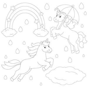 Yağmur boyama sayfası,  coloring page, Tek Boynuzlu atlar Yağmurda Yürümek, 