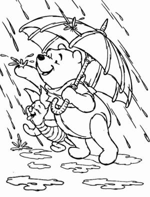 Yağmur boyama sayfası,  coloring page, Yağmurda Şemsiye ve Domuz Yavrusu tutan Pooh Bear, 