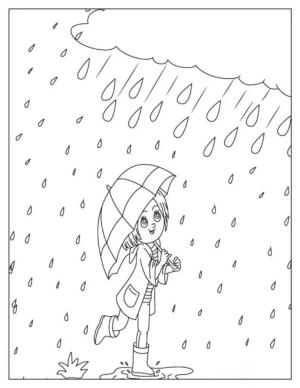 Yağmur boyama sayfası,  coloring page, Yağmurda şemsiye tutan çizgi Film kız, 