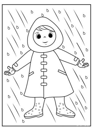 Yağmur boyama sayfası,  coloring page, Yağmurda Duran bir Yağmurluk Giyen çocuk, 