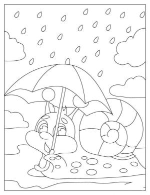 Yağmur boyama sayfası,  coloring page, Yağmurda şemsiye tutan Karikatür Salyangoz, 