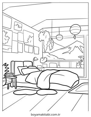 Yatak Odası boyama sayfası – el becerilerini geliştirir, boyama çalışması