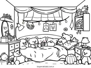 Yatak Odası boyama sayfası – çizgi film temalı, basit çizim