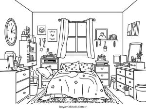 Yatak Odası boyama sayfası – çocuk aktivitesi, PDF indir