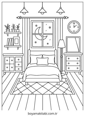 Yatak Odası boyama sayfası – çocuk aktivitesi, PDF indir