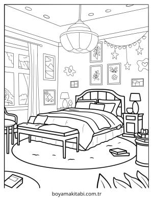 Yatak Odası boyama sayfası – el becerilerini geliştirir, boyama çalışması