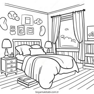 Yatak Odası boyama sayfası – basit çizim, kolay boyama