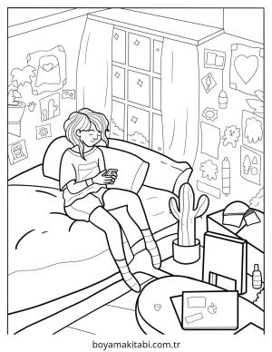 Yatak Odası boyama sayfası – sanatsal çalışma, çocuklar için