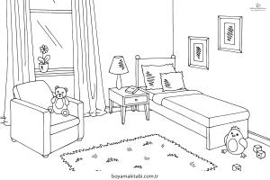 Yatak Odası boyama sayfası – el becerilerini geliştirir, boyama çalışması