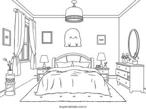 Yatak Odası boyama sayfası – basit çizim, kolay boyama