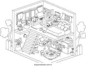 Yatak Odası boyama sayfası – okul öncesi, evde etkinlik