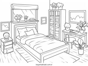 Yatak Odası boyama sayfası – sevimli karakter, sanatsal çalışma