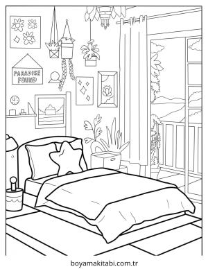 Yatak Odası boyama sayfası – çizgi film temalı, basit çizim
