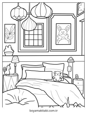Yatak Odası boyama sayfası – kolay boyama, eğitici aktivite