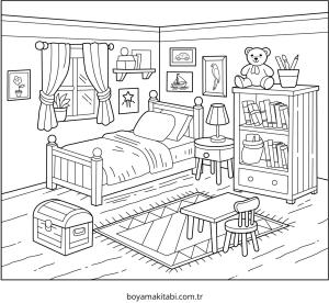 Yatak Odası boyama sayfası – sevimli karakter, sanatsal çalışma