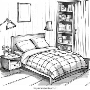 Yatak Odası boyama sayfası – renkli çizimler, okul öncesi