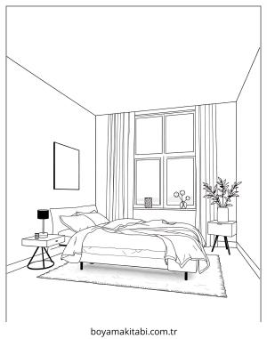 Yatak Odası boyama sayfası – renkli çizimler, okul öncesi
