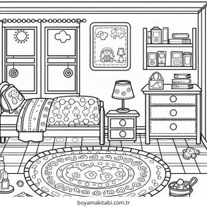 Yatak Odası boyama sayfası – yaratıcılık, eğlenceli etkinlik