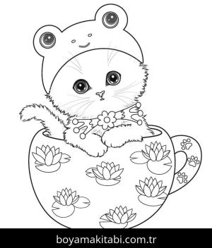 Yavru Kedi boyama sayfası,  coloring page, , Kitten Wearing A Cute Frog Hat Sitting In A Cup