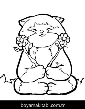Yavru Kedi boyama sayfası,  coloring page, , Kitten Is Delighted With Two Flowers