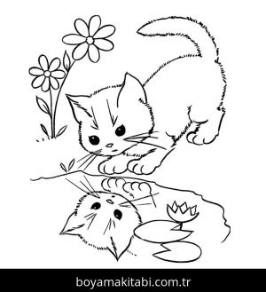 Yavru Kedi boyama sayfası,  coloring page, , Curious Kitten With Its Shadow In The Water