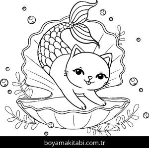 Yavru Kedi boyama sayfası,  coloring page, , Cute Mermaid Kitten In Seashell
