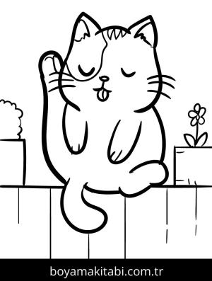 Yavru Kedi boyama sayfası,  coloring page, , Kitten Sits On The Fence And Licks Herself To Keep Clean